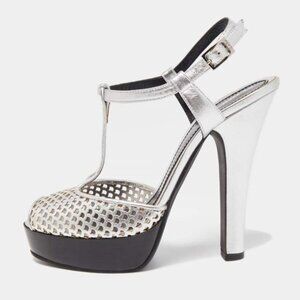 Fendi Metallic Silver Laser Cut Leather T-Strap Peep Toe Platform Sandals